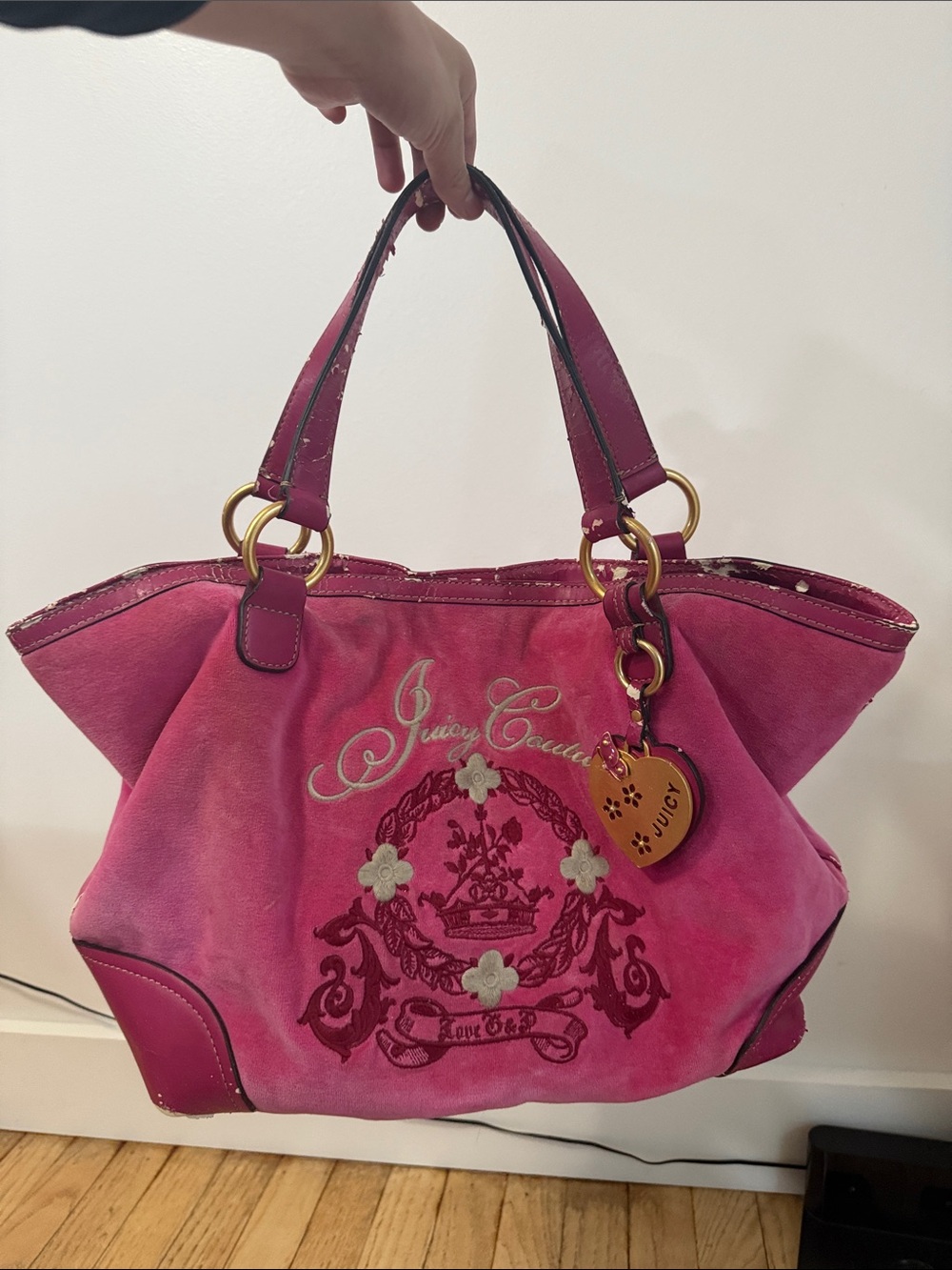 Y2K Vintage Juicy Couture Hot Pink Suede Tote with Gold Hardware and Heart Charm